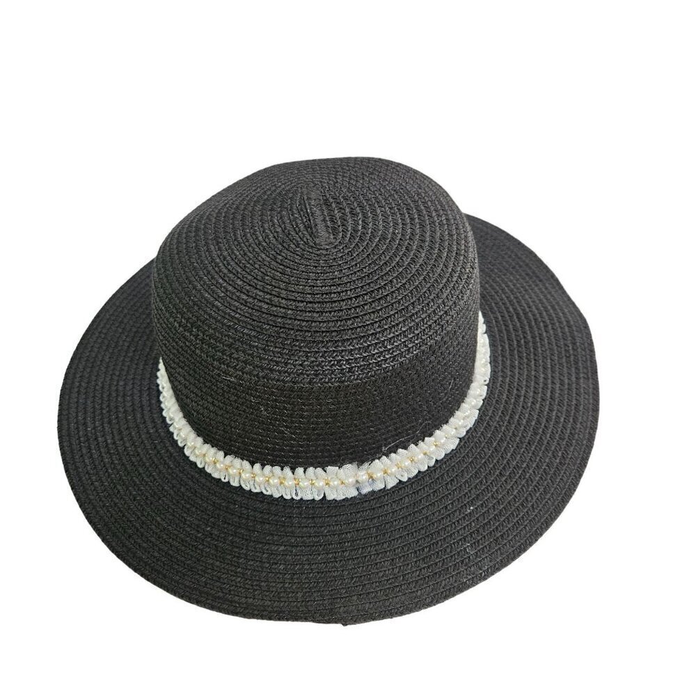 Black Straw Sun Hat Pearl Lace Trim One Size